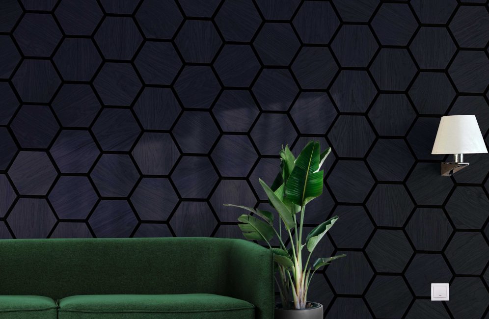 Black and white wall featuring a hexagon pattern, showcasing Hexagon Acoustic Panels in Black Ash for modern decor.