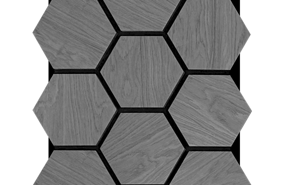 Dark Grey Oak hexagon acoustic panels on a black background, ideal for a stylish bedroom accent wall.