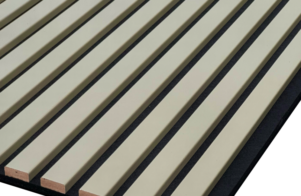 Close-up of olive-colored acoustic slat panels, enhancing the bedroom accent wall with a stylish black and white design.