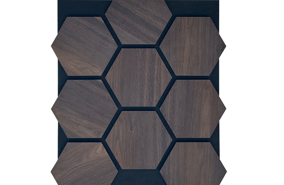 A wooden table featuring Smoked Oak Hexagon Acoustic Panels, perfect for complementing a modern bedroom accent wall.