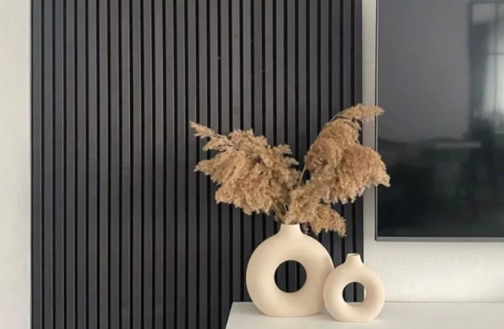 A white vase filled with dried flowers is positioned next to a television, set against black ash wooden wall paneling.