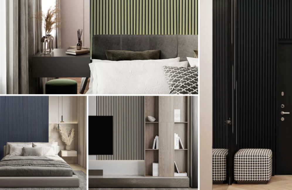 A collage of four rooms, each with a bed, television, door, and vibrant wooden wall paneling, highlighting diverse interiors.