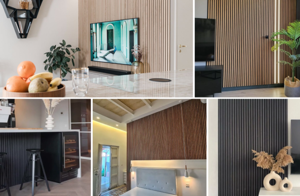 A collage showcasing various rooms in a modern home featuring Wallterra's oak wooden wall paneling for a stylish touch.