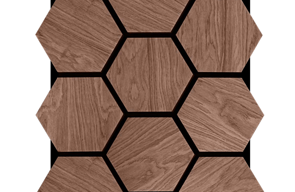 A hexagonal pattern of walnut acoustic slats forms a modern bedroom accent wall on a black backdrop.